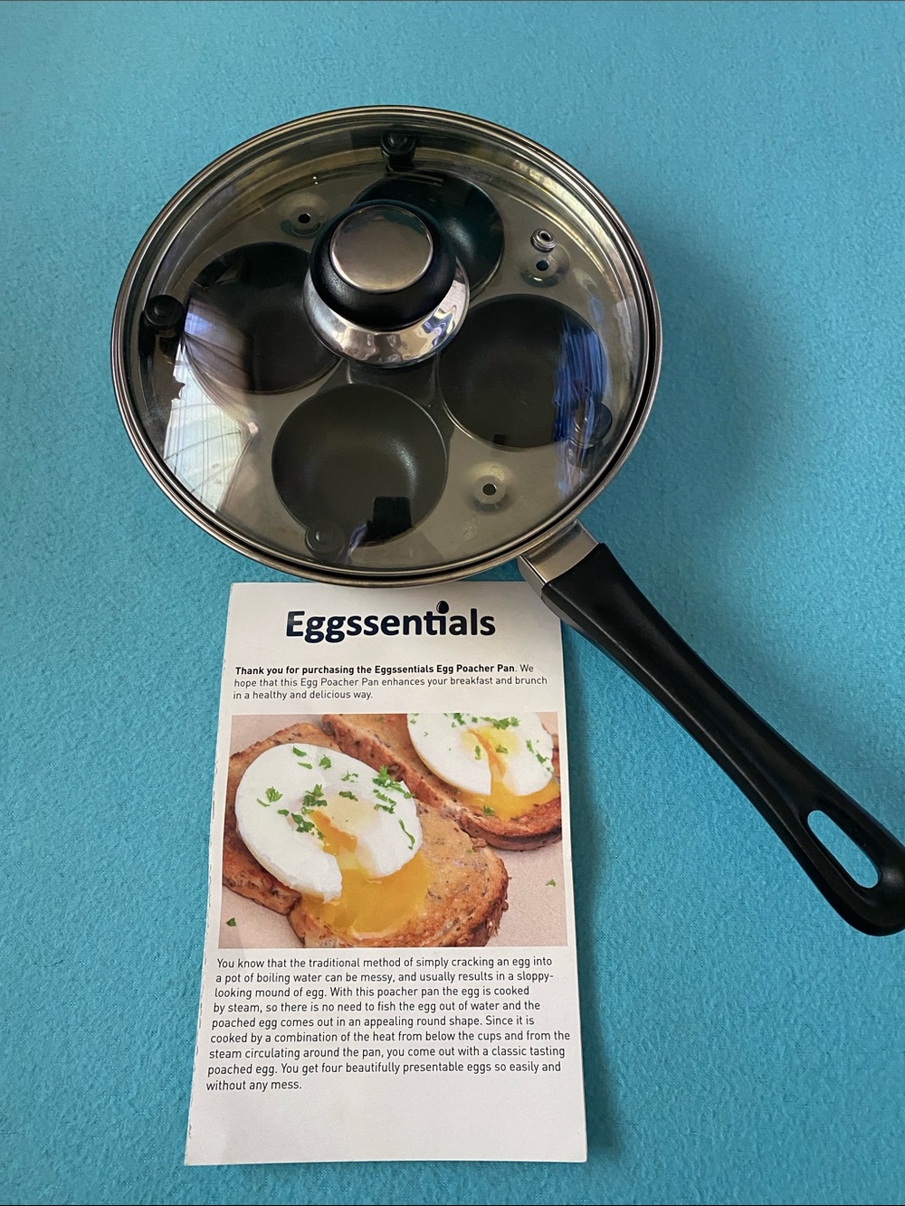 EGGSSENTIALS Egg Poacher Stainless Steel Pan 4 removable cups tempered glass lid